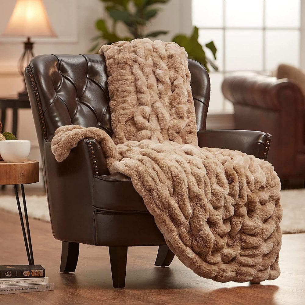 CHANASYA Rushed Beige Faux Fur Reversible Minky Throw Blanket, 50