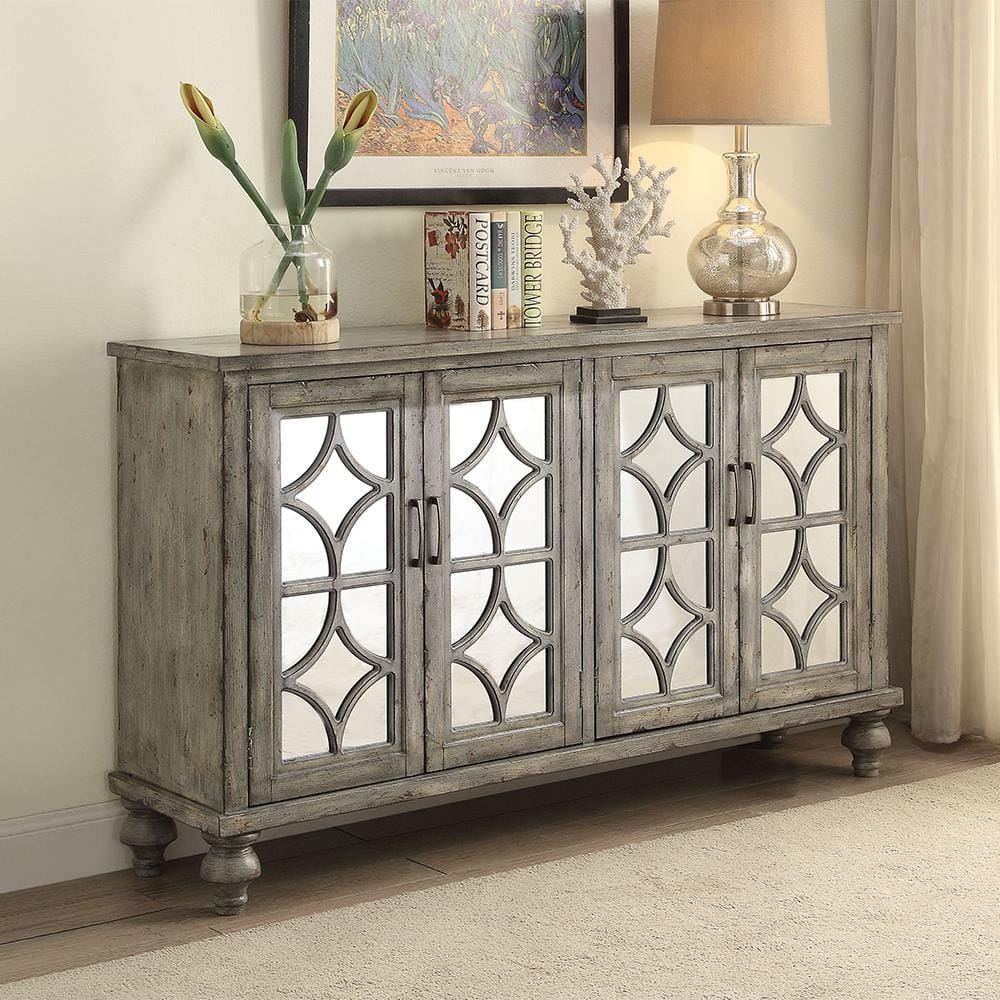 Velika Weathered Gray Wooden Console Table with Mirrored Doors