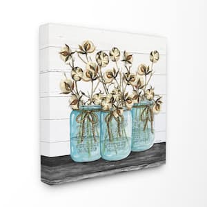 30 in. x 30 in. "Cotton in Mason Jars Rustic Illustration Planked Look XL Canvas Wall Art" by Cindy Jacobs