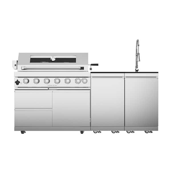82 in. W 6-Burner Propane Gas Grill Island in Stainless Steel, with Rotisserie kit, Storage Cabinet, Sink