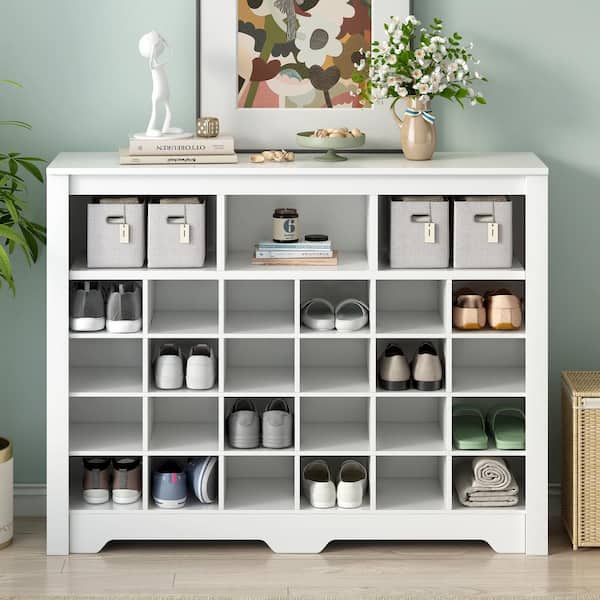 Magic Home 45.2 in. Versatile Sideboard Shoe Cubby Console Cabinet for 24 Shoes with Curved Base for Hallway, White