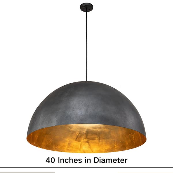 Pcover 5-Light 39.4 in. W Black Pendant Light Chandelier Oversized Industrial Pot Lid Dome Light with Gold Foil Finish