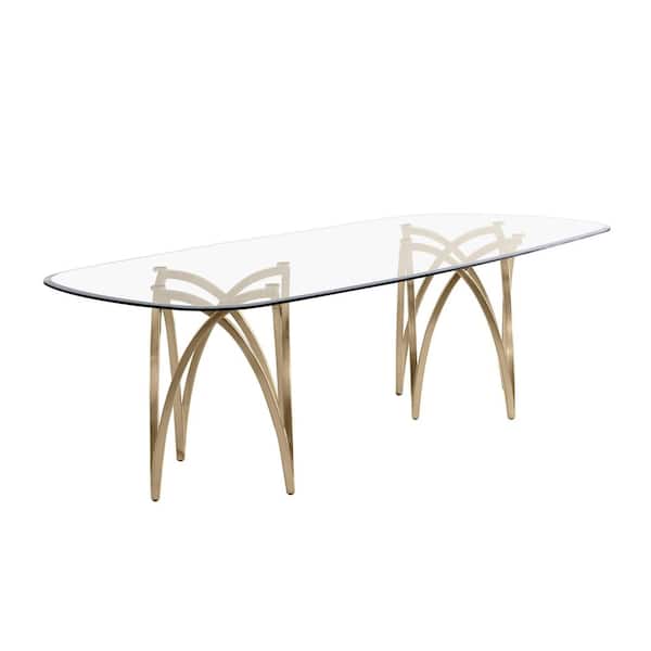 Best Quality Furniture Doug Clear Glass Top 46 in W. Double Pedestal Gold Base Dining Table Seating Capacity of 8