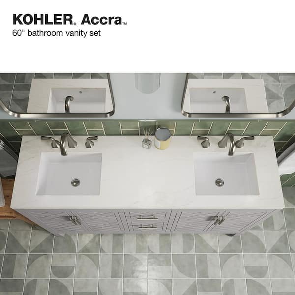 KOHLER Accra 60in. Double Sink Freestanding Atmos Grey Bath Vanity with Bianco Bella Quartz Top Assembled