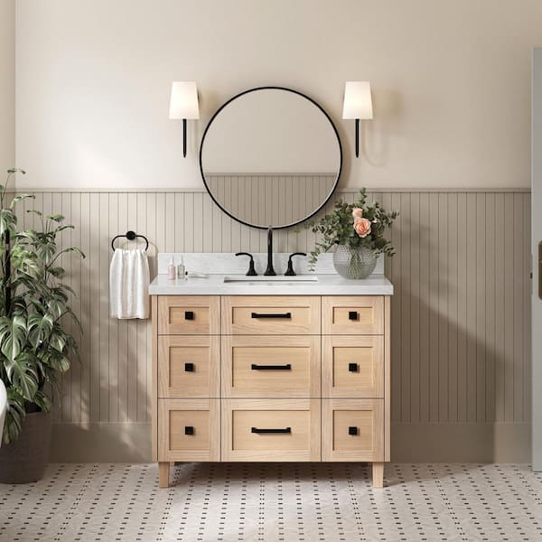 ARIEL Monroe 42 in. Single Sink Freestanding Bathroom Vanity in Oak with Carrara White Marble Top
