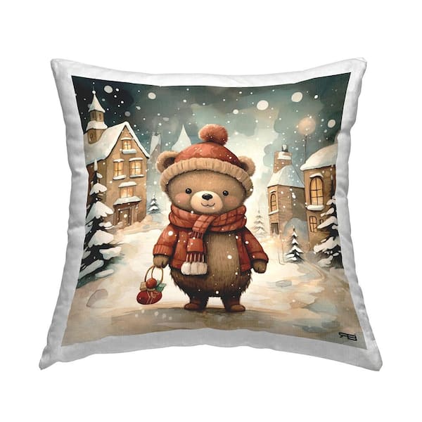 Stupell Industries Bear in Snowy Village Brown Print Polyester 18in. X 18in. Throw Pillow