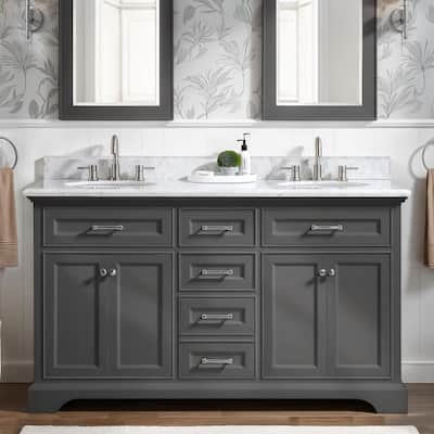 Windlowe 61 in. Double Sink Gray Bath Vanity with White Carrara Marble Top (Assembled)