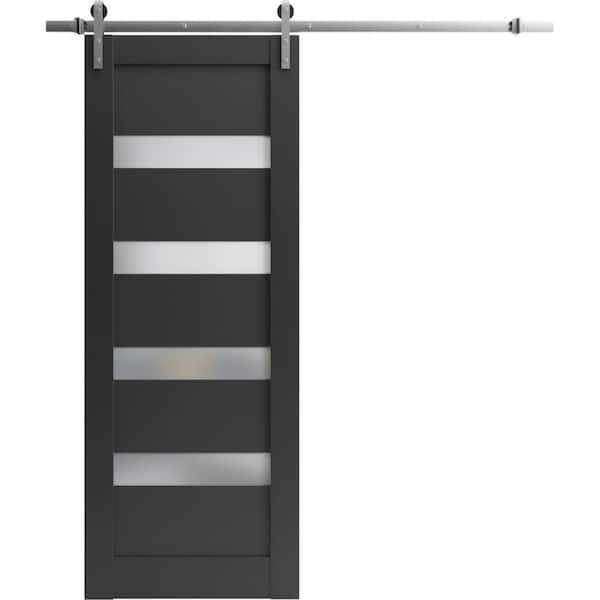 Assembly Required 32 in. x 80 in. 1-Panel Frosted Glass Black Matte Solid Wood Sliding Barn Door with Hardware Kit