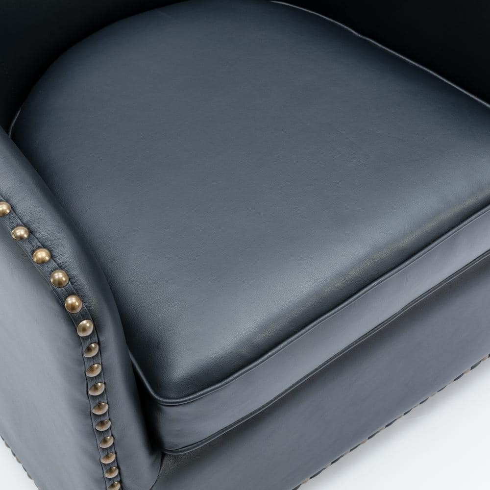 Midnight Blue Faux Leather Transitional Barrel Swivel Accent Chair