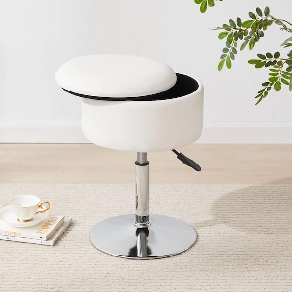 Unbranded White Faux Leather 18 in. Tall Makeup Vanity Stool Adjustable  Swivel Storage Chair for Bathroom or Bedroom 29E990PH033