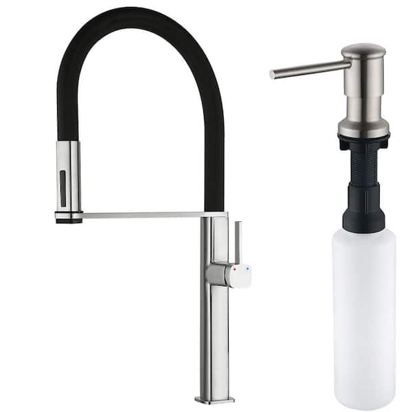 24 in. Pull Down Sprayer Kitchen Faucet with 360° Swivel Silicone Wand and Soap Dispenser in Brushed Nickel