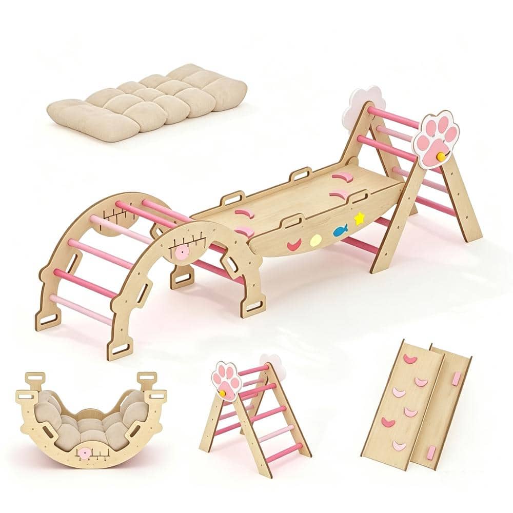7-in-1 Foldable Wooden Pikler Triangle Set, Indoor Toddler Climbing Toys, Montessori Gym with Slide, Pink