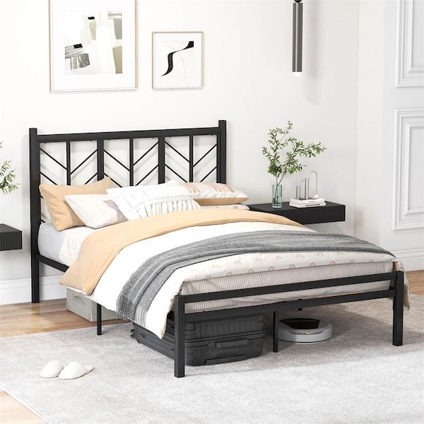 Black Metal Frame Full Platform Bed with Headboard 11.5 in. Under Bed Storage Easy Assembly