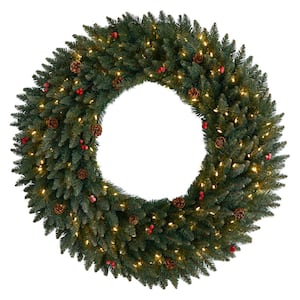 48 in. Prelit LED Large Flocked Artificial Christmas Wreath with Pinecones, Berries, 150 Clear LED Lights