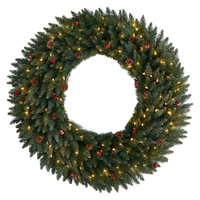 48 in. Prelit LED Large Flocked Artificial Christmas Wreath with Pinecones, Berries, 150 Clear LED Lights
