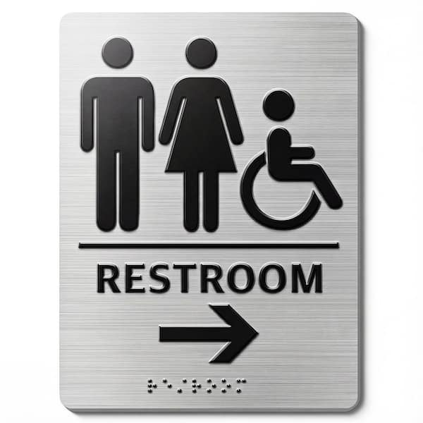 1-Pack Brushed Silver Aluminum Composite ADA Restroom Directional Sign Right Arrow Braille Unisex Wheelchair