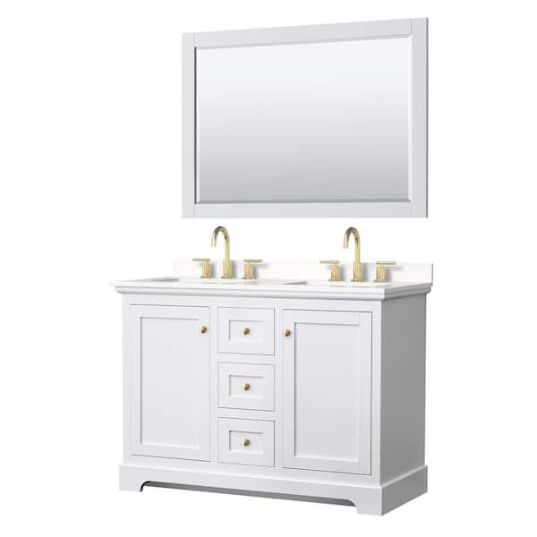 Wyndham Collection Avery 48 in. W x 22 in. D x 35 in. H Double Bath Vanity in White with White Quartz Top and 46 in. Mirror