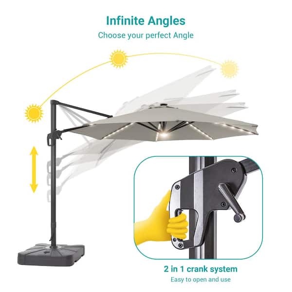 Sonkuki 11 ft. Round Solar LED Aluminum 360 Rotation Cantilever Offset Outdoor Patio Umbrella with Base in Gray