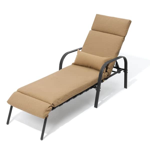 1-Piece Metal Outdoor Adjustable Chaise Lounge Chair with Arms and Tan Cushions