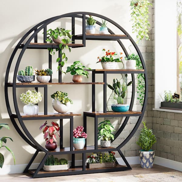 TRIBESIGNS WAY TO ORIGIN Eileen 63" Brown Round Wood Indoor Plant Stand with 8-Shelves Large Flower Bonsai Display Rack for Living Room, Balcony