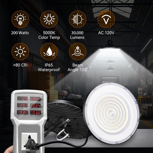 0.98 ft. 200-Watt Equivalent Integrated LED Black UFO High Bay Light 5000K IP65 Waterproof Plug-In (6-Pack)