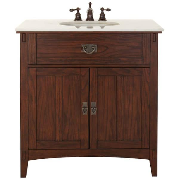 Home Decorators Collection Artisan 33 in. W Vanity in Dark Oak with Natural Marble Vanity Top in White with White Basin