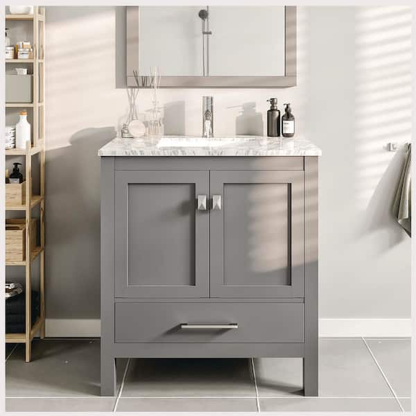 Eviva London 24 in. W x 18 in. D x 34 in. H Bathroom Vanity in Gray with White Carrara Marble Top with White Sink