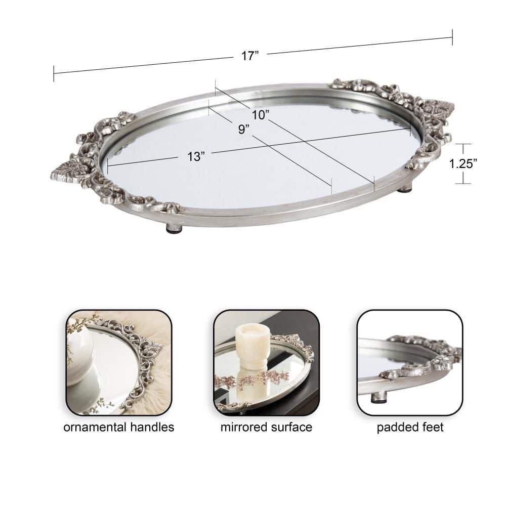 Antique Silver Oval Mirrored Decorative Tray with Ornate Detailing