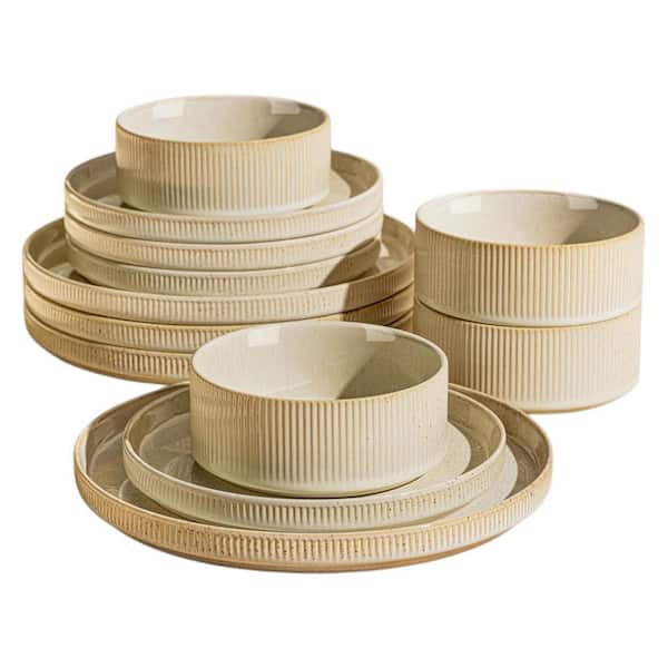 12 Pieces Cappuccino Ceramic Dinnerware Porcelain Lightweight Plates and Bowls Sets Scratch Resistant, Service for 4