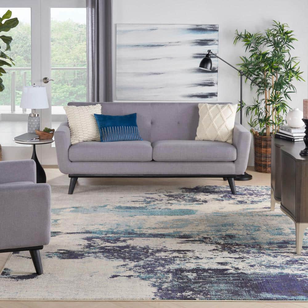 Reversible 5' x 7' Blue Abstract Synthetic Stain-Resistant Rug