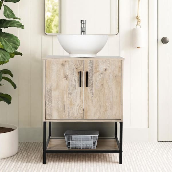 eclife 24 in. W x 20 in. D x 31.5 in. H Freestanding Bath Vanity In Oak with Single White Ceramic Vessel Sink Top Chrome Faucet