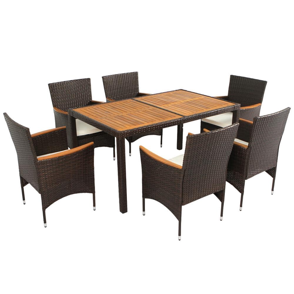 Brown 7-Piece Wicker Rattan Outdoor Dining Table Set with White Cushions an
