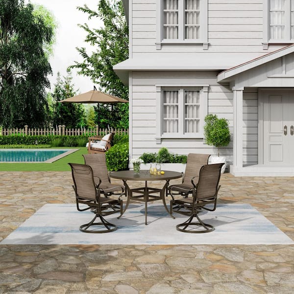 5-Piece Brown Cast Aluminum Outdoor Patio Dining Set with Round Retro Table and Textilene Seat Swivel Chairs