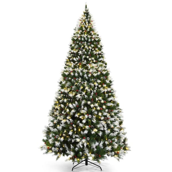 Costway 9 ft. Pre-lit Snowy Artificial Christmas Tree 2058 Tips with Pine Cones and Red Berries