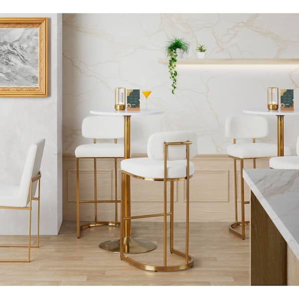 Demi Mid-Back 38 in. H Cream Fabric & Gold Metal Fixed-Height Bar Stool (Set of 2)