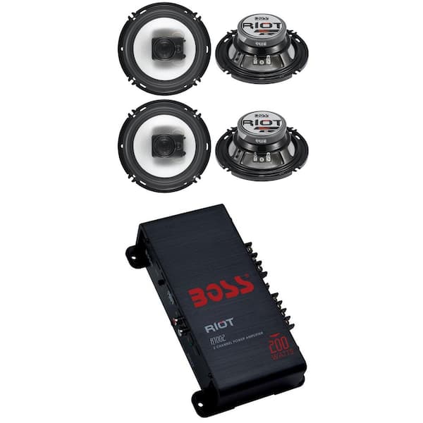 Four 6.5 in. 300-Watt 3-Way Coaxial Speakers plus 200-Watt 2 Channel Amplifier Amp