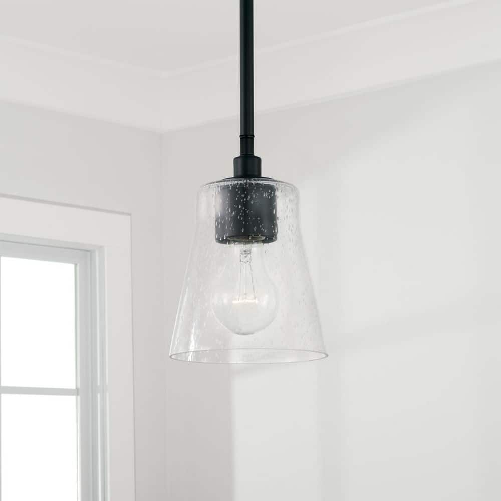 Matte Black Mini Pendant with Clear Seeded Glass Shade