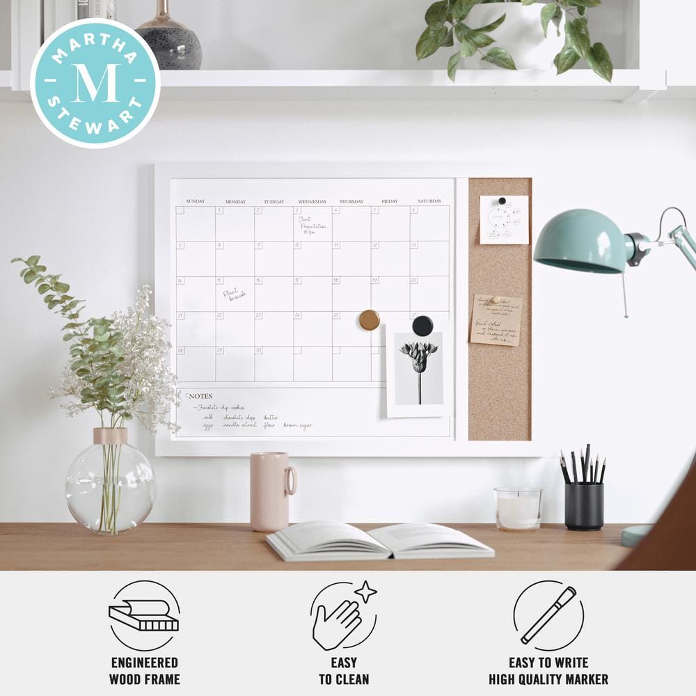White Woodgrain 24" x 18" Magnetic Dry Erase Calendar and Cork Board Combo