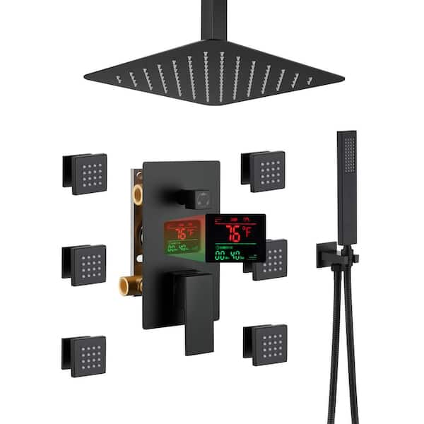 LED Display 3 Spray Patterns 12 in. Ceiling Mount Fixed and Handheld Shower Head with 2.5 GPM in Matte Black
