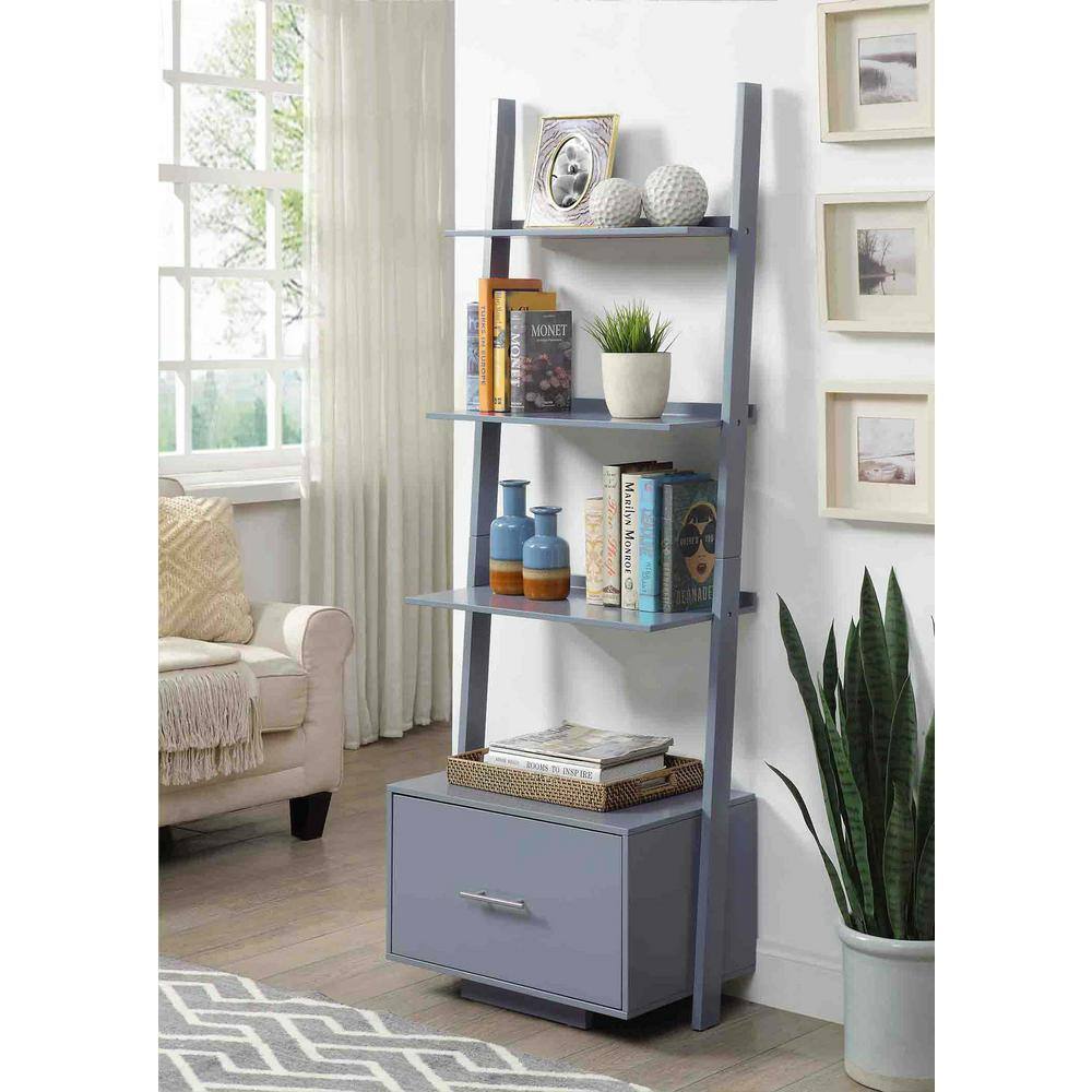 American Heritage 69'' Gray Ladder Bookcase with File Drawer