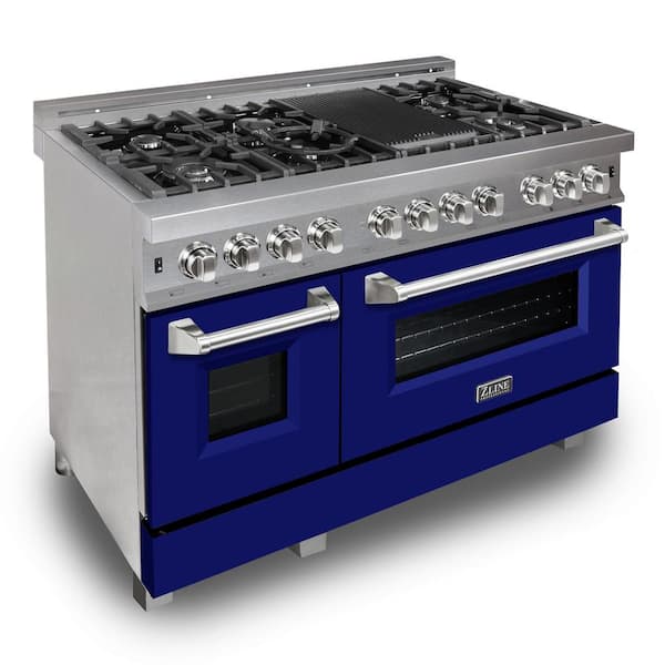 ZLINE Kitchen and Bath 48 in. 7 Burner Double Oven Dual Fuel Range with Blue Matte Door in Fingerprint Resistant Stainless Steel