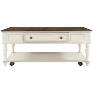 47 .25 in. Antique White Rectangle Wood Coffee Table Movable with Caster Wheels for Livingroom