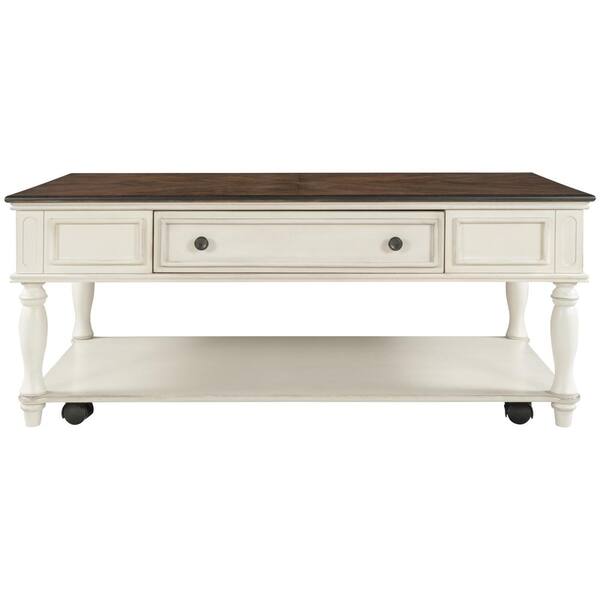 GODEER 47 .25 in. Antique White Rectangle Wood Coffee Table Movable with Caster Wheels for Livingroom