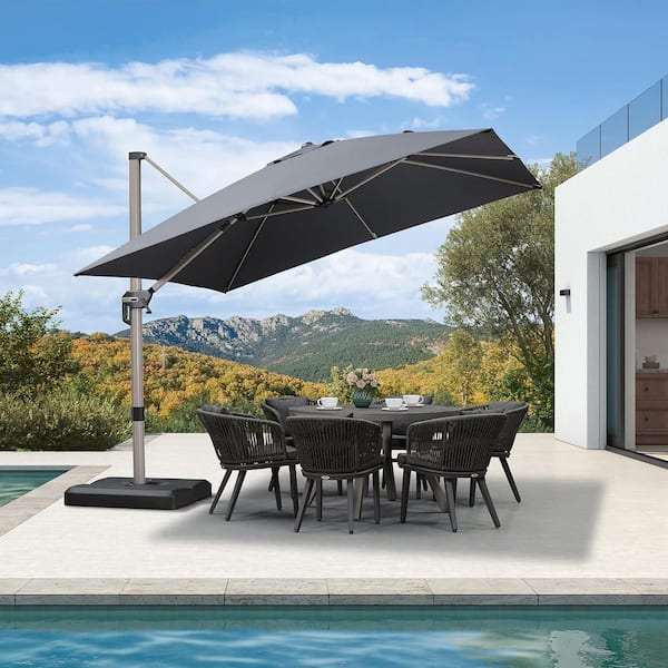 PURPLE LEAF 10 ft. Square Outdoor Patio Cantilever Umbrella Light Champagne Aluminum Offset 360° Rotation Umbrella with Base, Gray