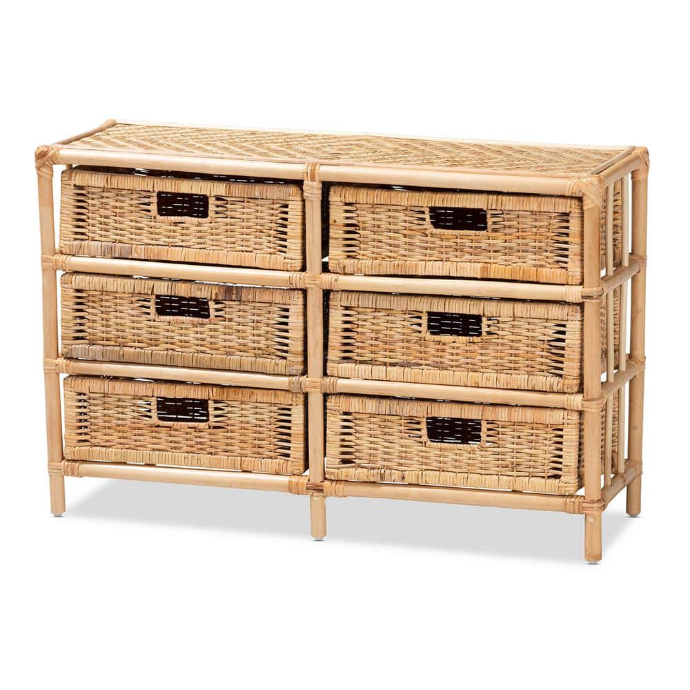 Natural Brown Rattan 6-Drawer Bohemian Storage Cabinet