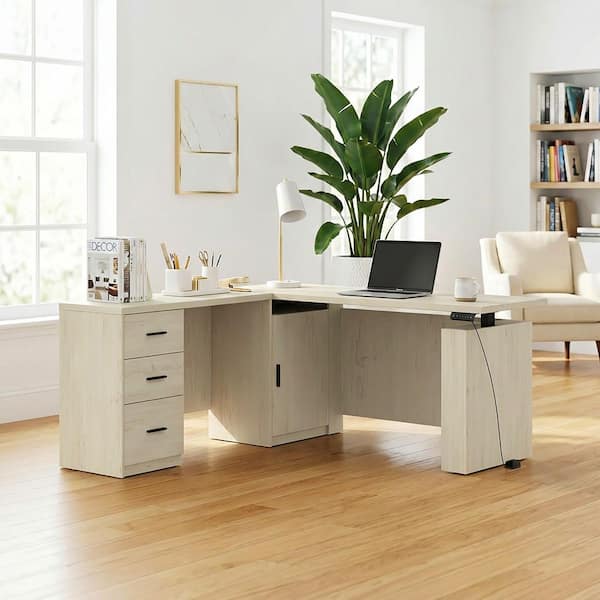 63 in. L-Shaped Cream White Wood Grain Electric Adjustable Height Computer Desk with 3-Drawer, Memory Settings & Cabinet