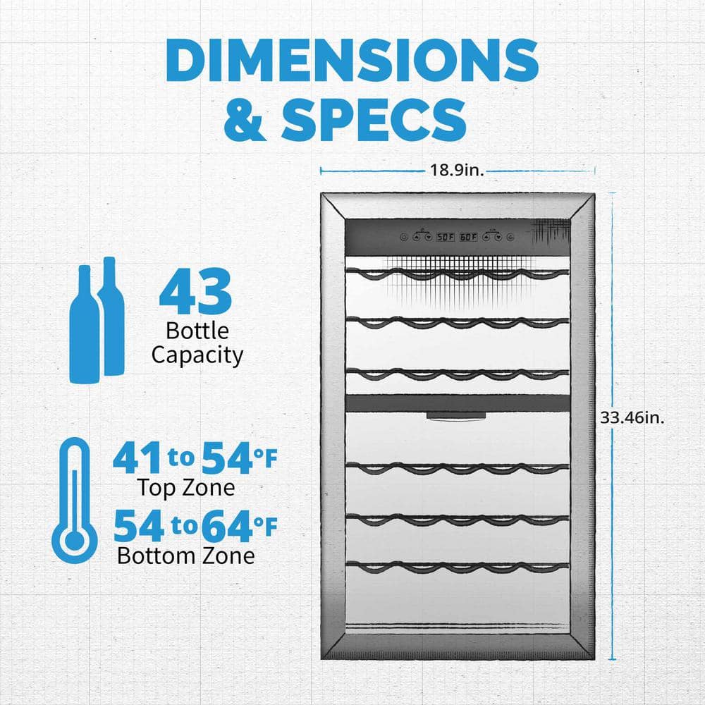 Newair 43 Bottle Stainless Steel Dual Zone Wine Fridge with LED Lighting