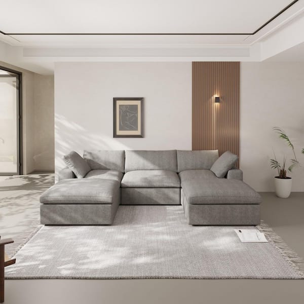J&E Home 120.45 in. Square Arm 5-piece U Shaped Linen Velvet Sectional Sofa in. Light Gray with Ottoman and Removable Covers