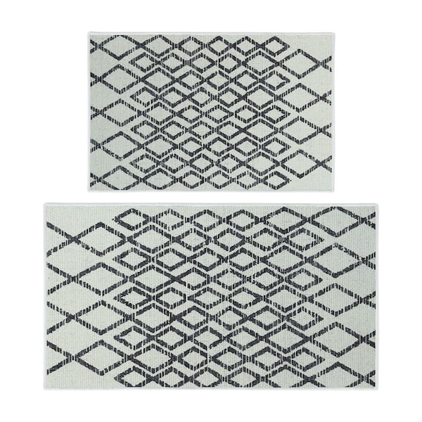 SUSSEXHOME Geometric Diamond Ivory 44 in. x 24 in. and 31.5 in. x 20 in. Washable, Thin, Multipurpose Kitchen Rug Mat (Set of 2)