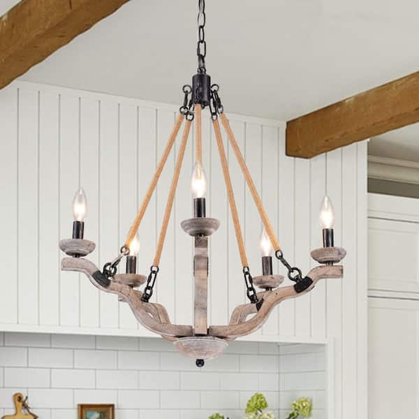 HUOKU Vivacity 5-Light 22.8 in. W Distressed Black and Wood Chandelier Vintage Bowl Geometric Pendant Light for Kitchen